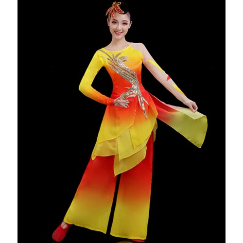 Women's chinese folk dance costumes gold with red chinese  yangko fan umbrella ancient traditional classical dance costumes